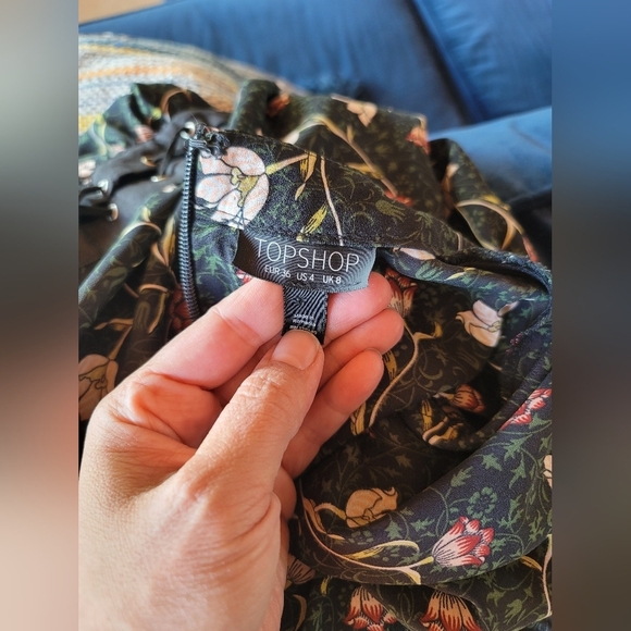 Topshop, Woodland Floral Lattice Waist Dress, Green/Black, Size 4 - Picture 9 of 11